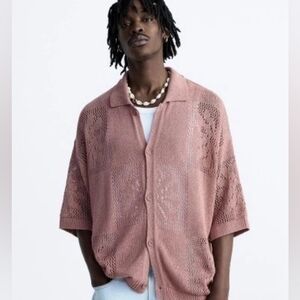 Zara Man Pink Crochet Knit Button Up Shirt Mauve Pink Relaxed Fit Medium